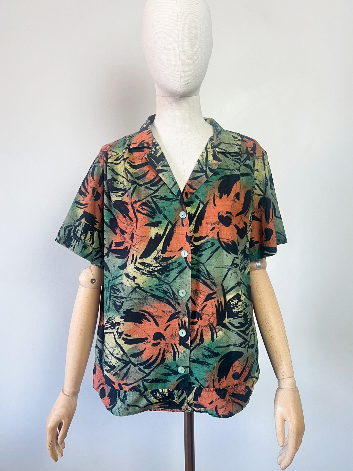 Chemise Vintage Années 90 Graphique - Vert, Marron & Noir - Coupe Ample & Plis Épaules - T. 40/42 (L/XL)