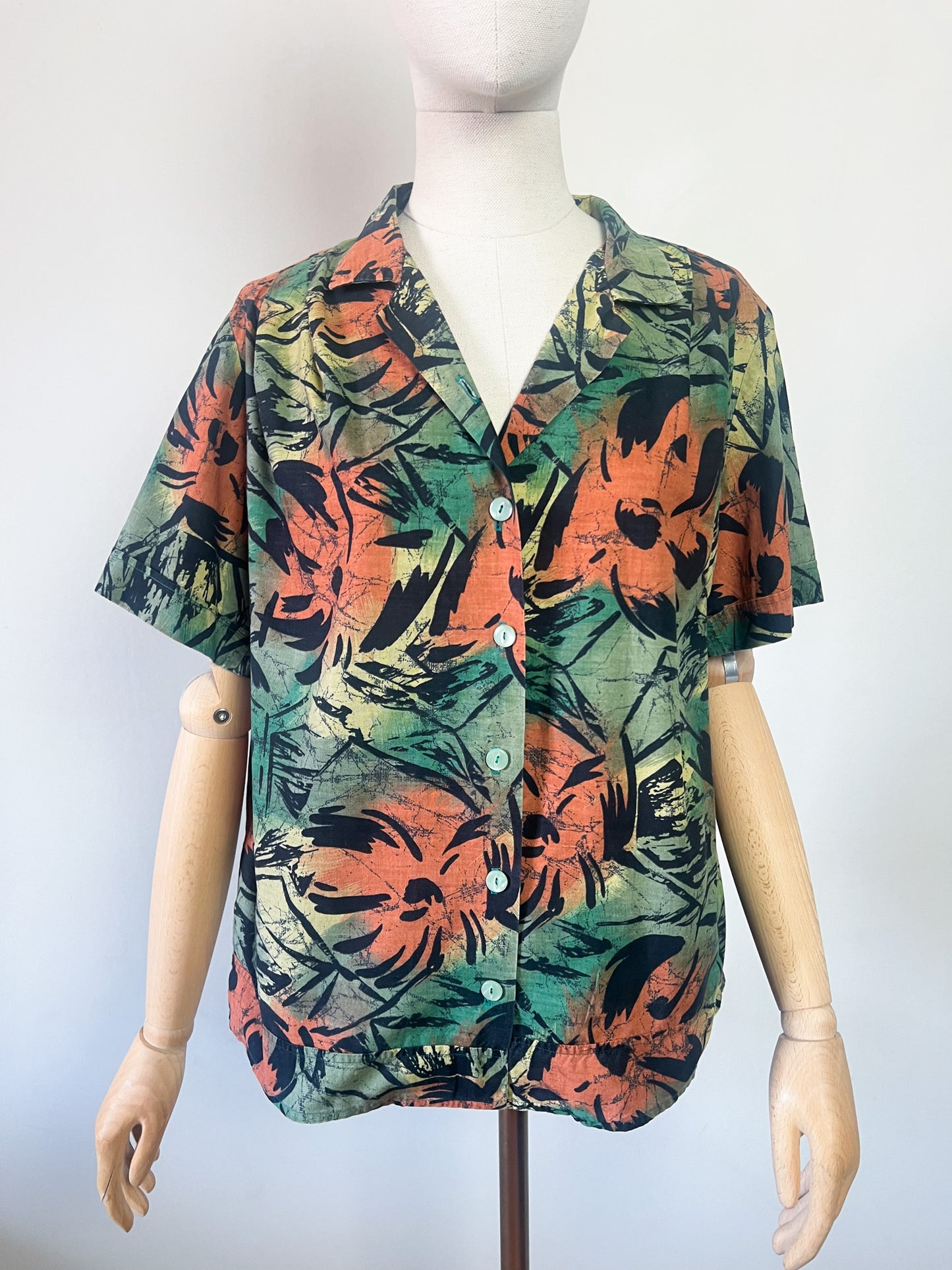 Chemise Vintage Années 90 Graphique - Vert, Marron & Noir - Coupe Ample & Plis Épaules - T. 40/42 (L/XL)