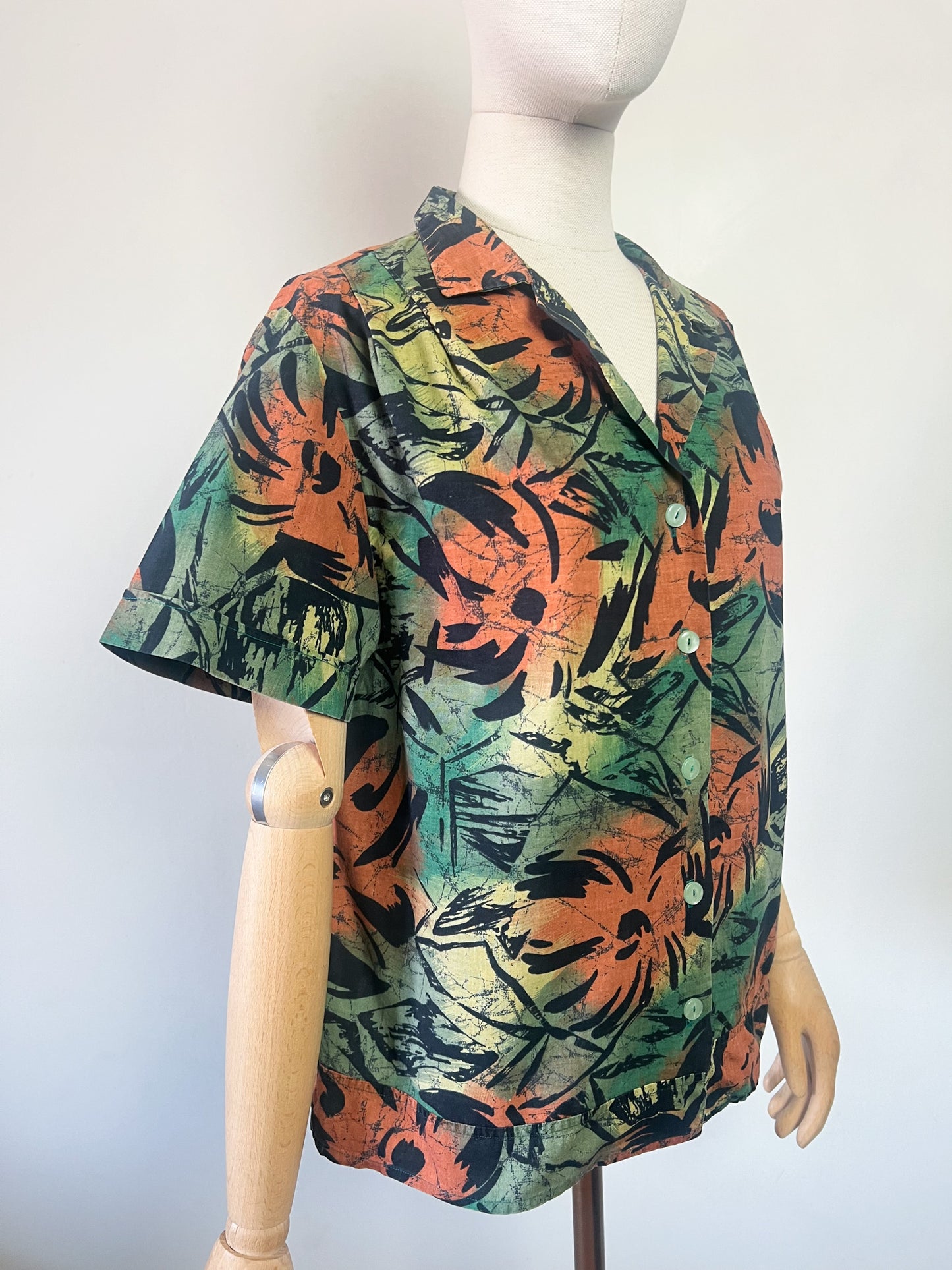 Chemise Vintage Années 90 Graphique - Vert, Marron & Noir - Coupe Ample & Plis Épaules - T. 40/42 (L/XL)