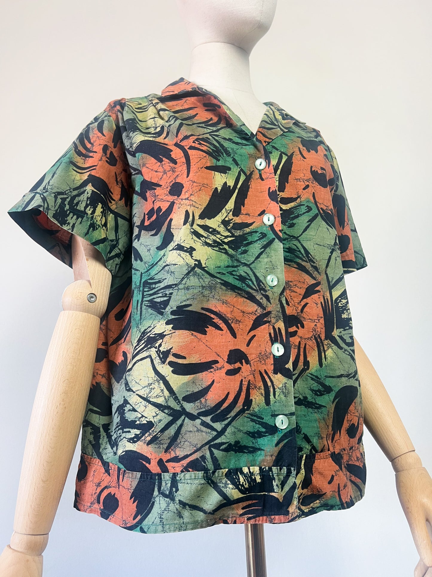 Chemise Vintage Années 90 Graphique - Vert, Marron & Noir - Coupe Ample & Plis Épaules - T. 40/42 (L/XL)