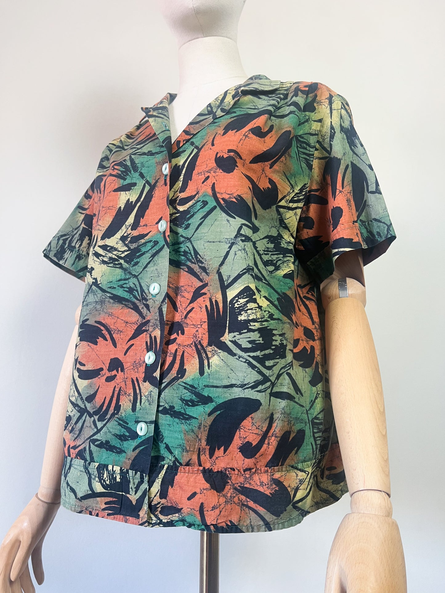 Chemise Vintage Années 90 Graphique - Vert, Marron & Noir - Coupe Ample & Plis Épaules - T. 40/42 (L/XL)