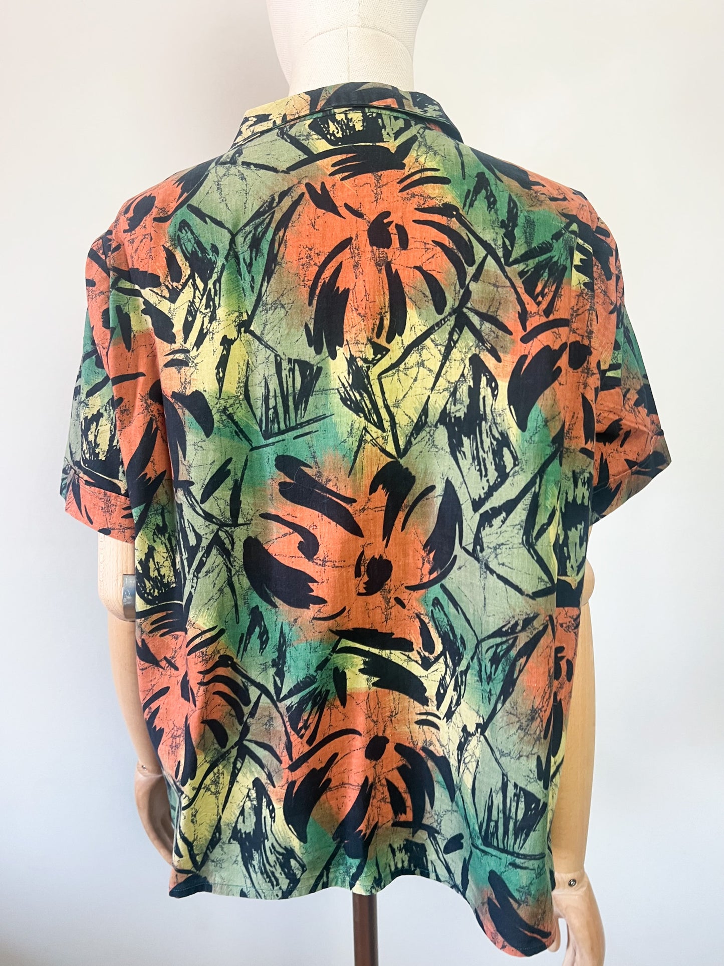 Chemise Vintage Années 90 Graphique - Vert, Marron & Noir - Coupe Ample & Plis Épaules - T. 40/42 (L/XL)