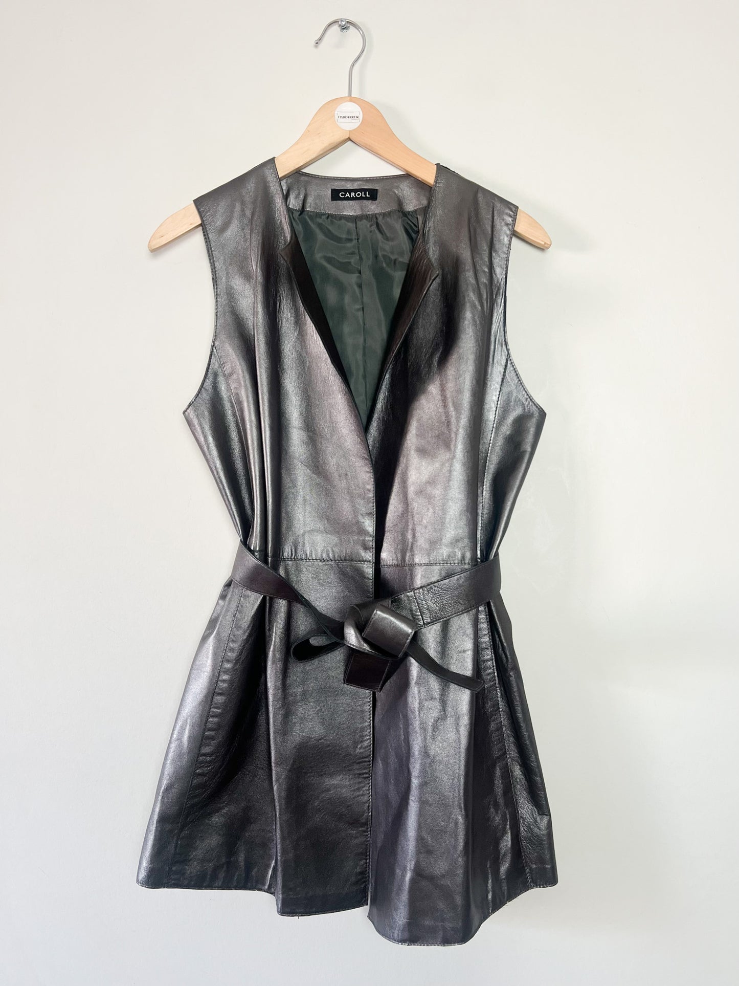 Veste Longue sans Manches - 100% Cuir d'Agneau Gris Argenté - Caroll T36/38