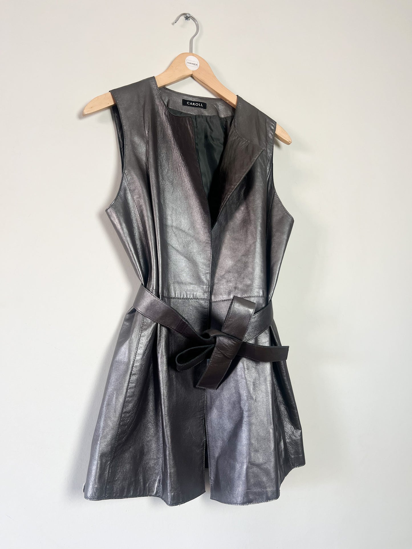 Veste Longue sans Manches - 100% Cuir d'Agneau Gris Argenté - Caroll T36/38