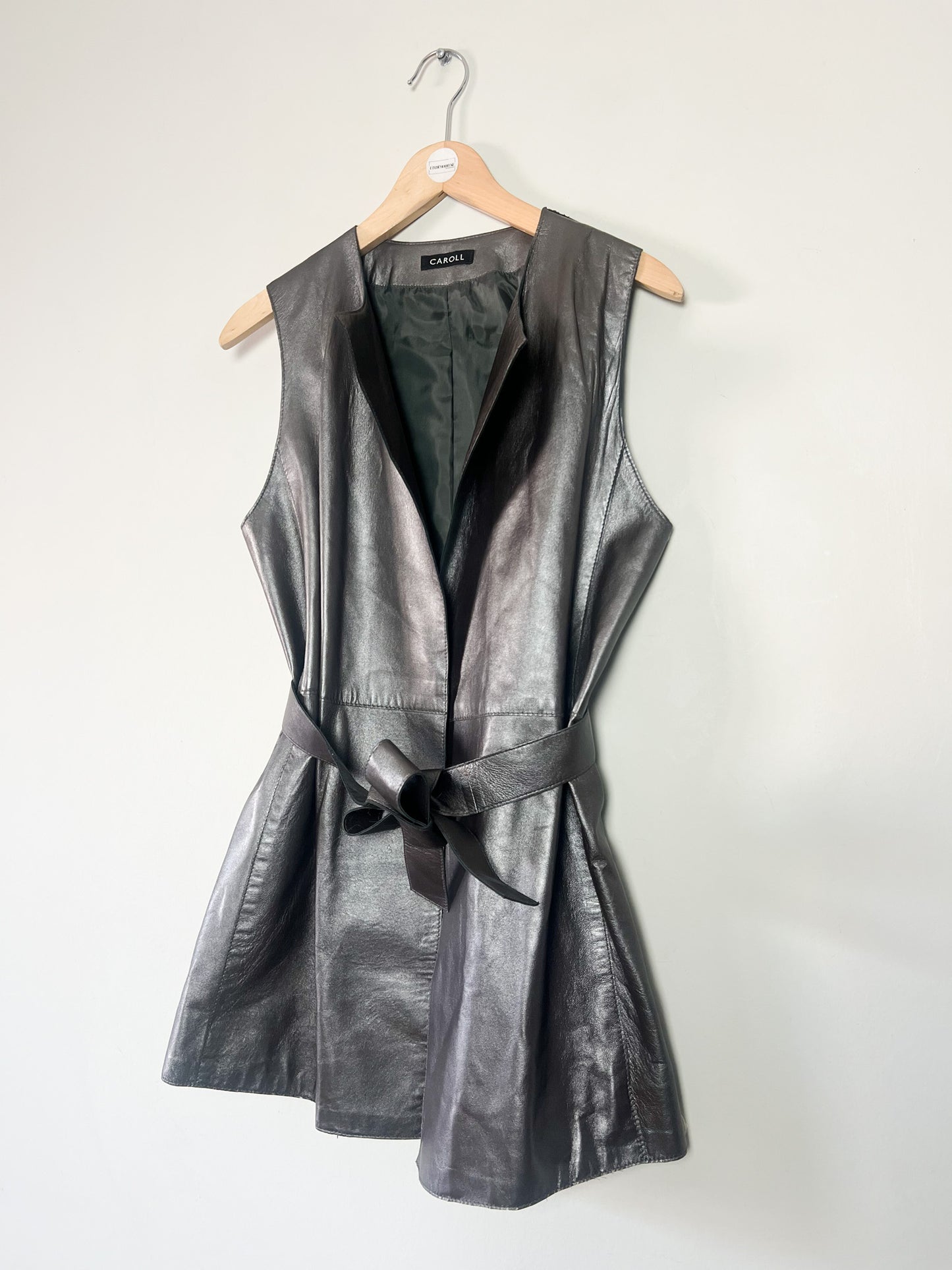 Veste Longue sans Manches - 100% Cuir d'Agneau Gris Argenté - Caroll T36/38