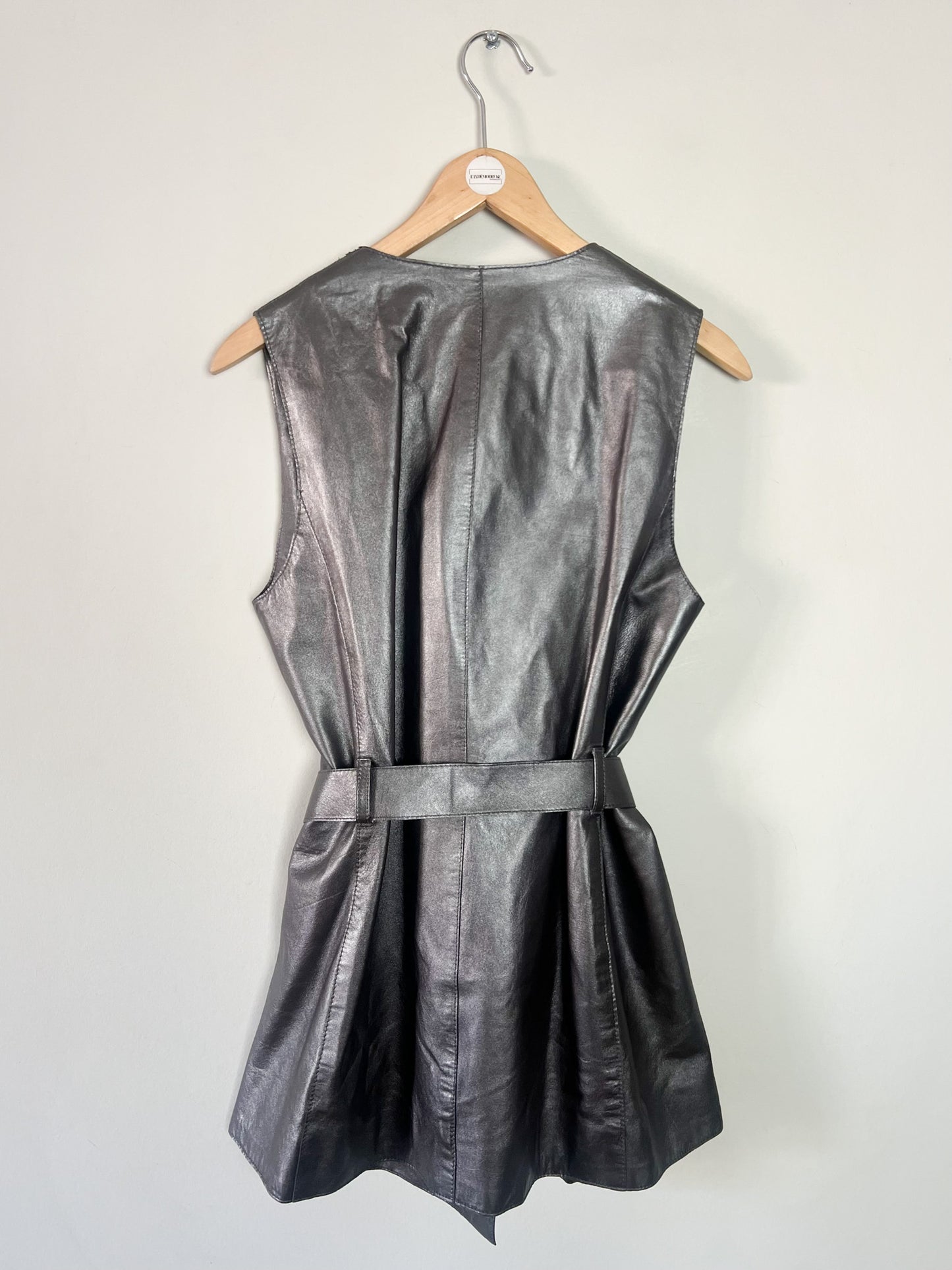 Veste Longue sans Manches - 100% Cuir d'Agneau Gris Argenté - Caroll T36/38