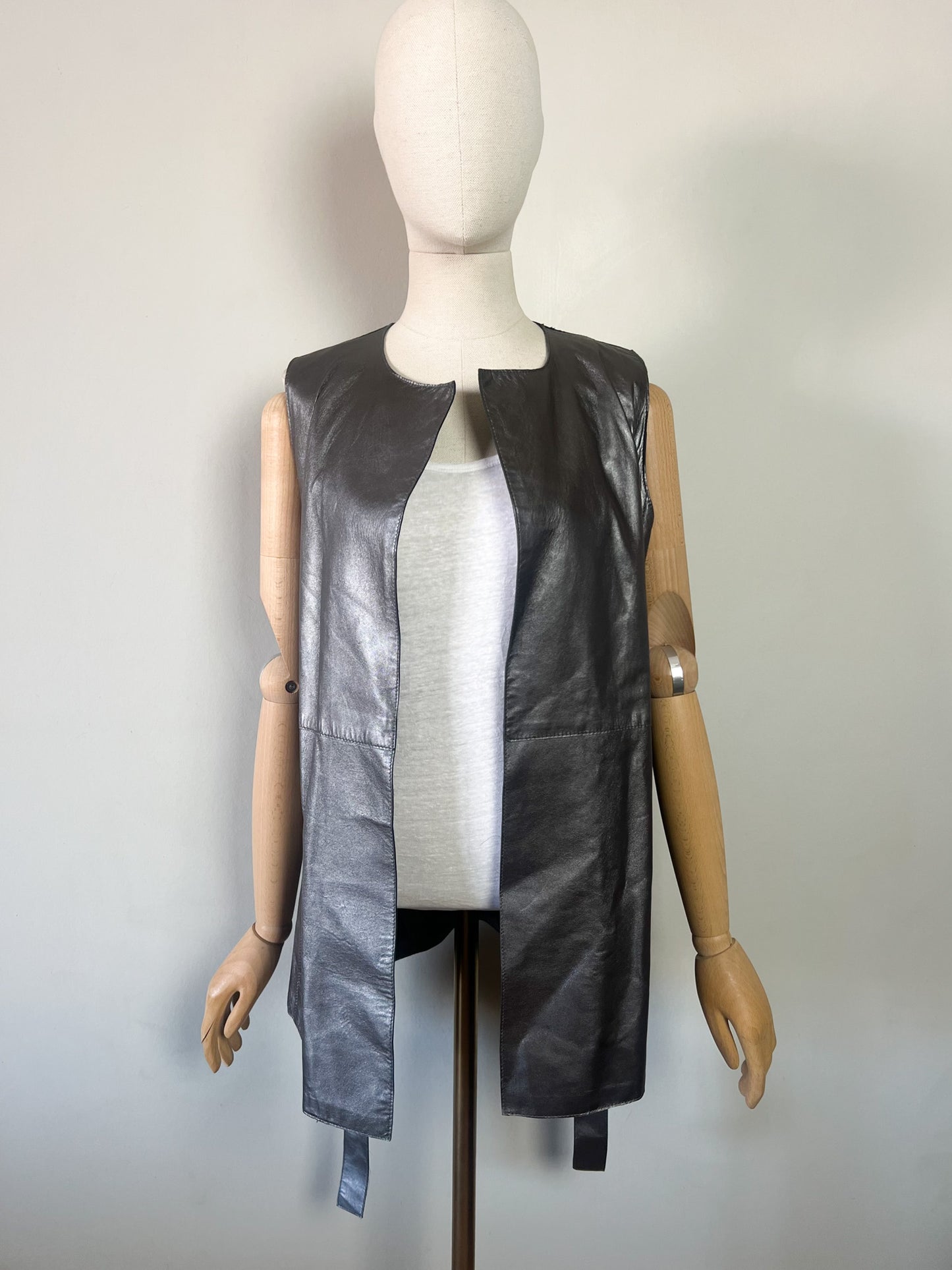 Veste Longue sans Manches - 100% Cuir d'Agneau Gris Argenté - Caroll T36/38