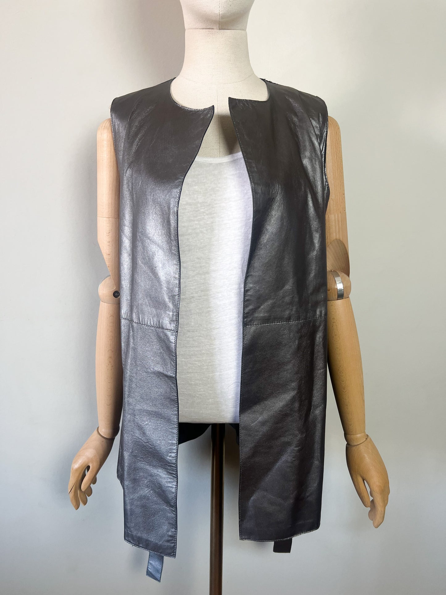 Veste Longue sans Manches - 100% Cuir d'Agneau Gris Argenté - Caroll T36/38