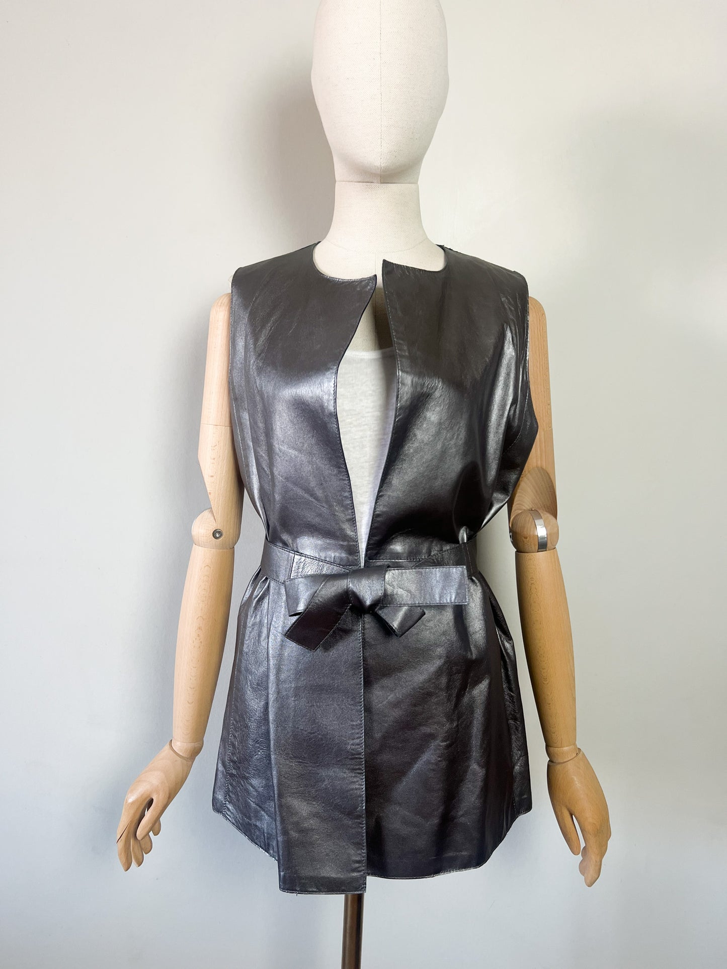 Veste Longue sans Manches - 100% Cuir d'Agneau Gris Argenté - Caroll T36/38