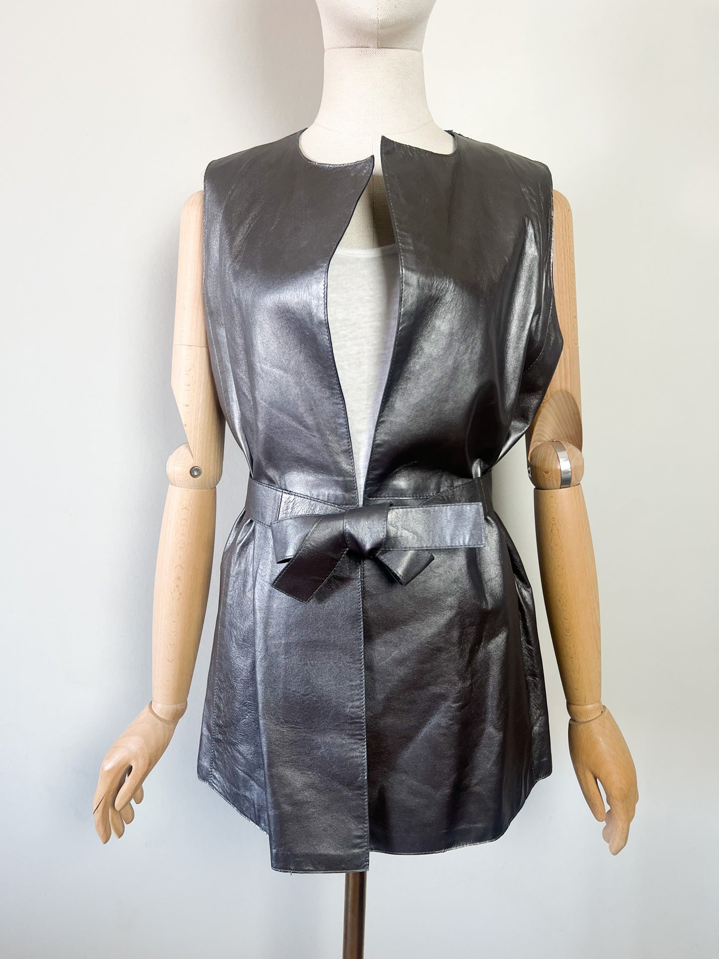 Veste Longue sans Manches - 100% Cuir d'Agneau Gris Argenté - Caroll T36/38