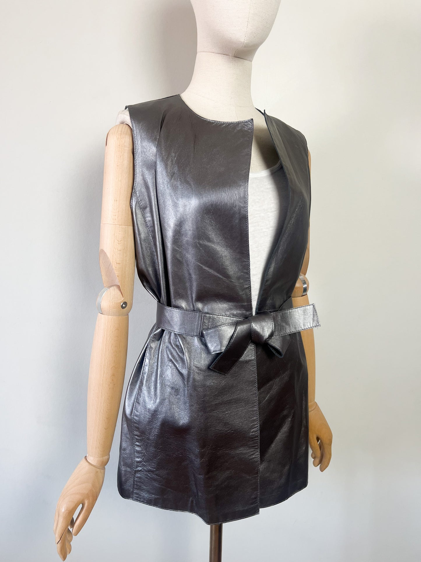 Veste Longue sans Manches - 100% Cuir d'Agneau Gris Argenté - Caroll T36/38