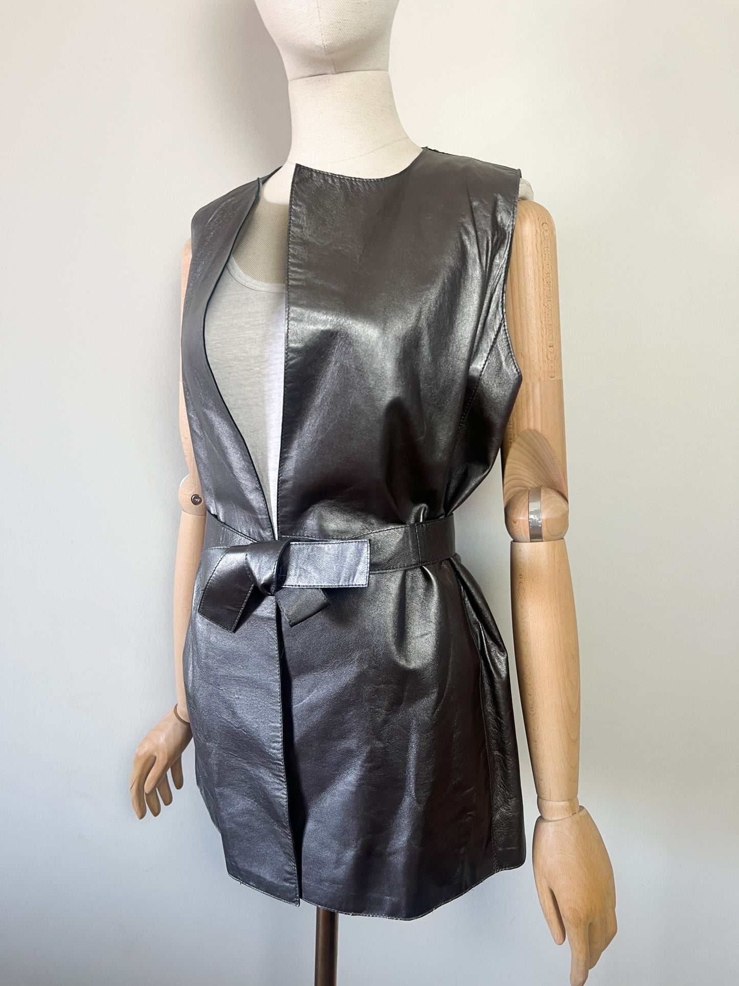 Veste Longue sans Manches - 100% Cuir d'Agneau Gris Argenté - Caroll T36/38