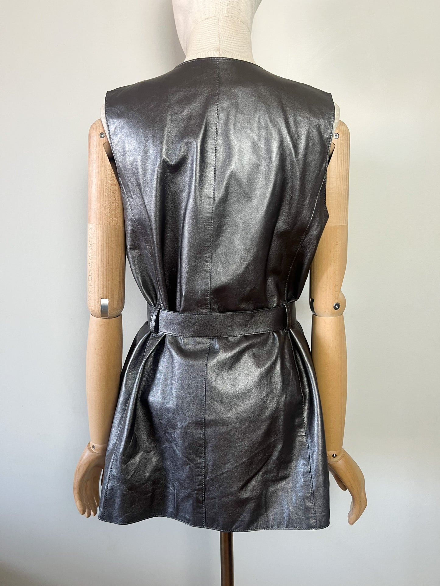 Veste Longue sans Manches - 100% Cuir d'Agneau Gris Argenté - Caroll T36/38
