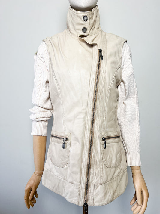 Veste Gilet en Cuir Souple Vintage Beige - Asymétrique Col Motard - Taille 38 (M)