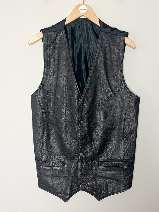 Gilet Motard Vintage 100% Cuir Noir Grainé - Fermeture Boutons Étoile
