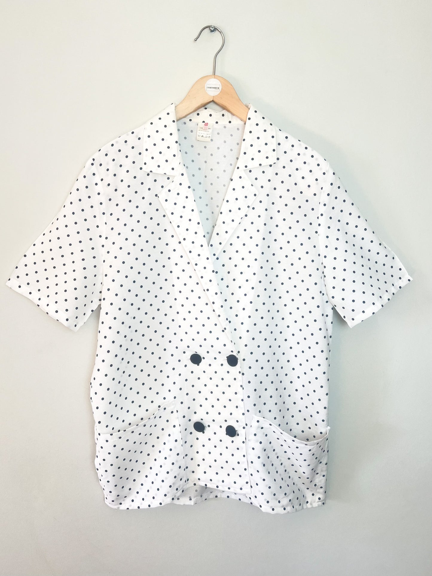 Veste Blazer Vintage Années 90 à Pois - Blanche & Marine - Made in France - T. 38/40