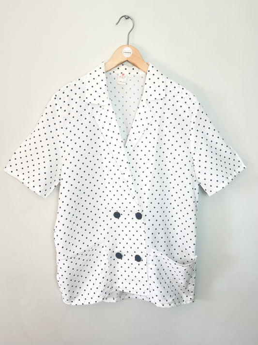Veste Blazer Vintage Années 90 à Pois - Blanche & Marine - Made in France - T. 38/40