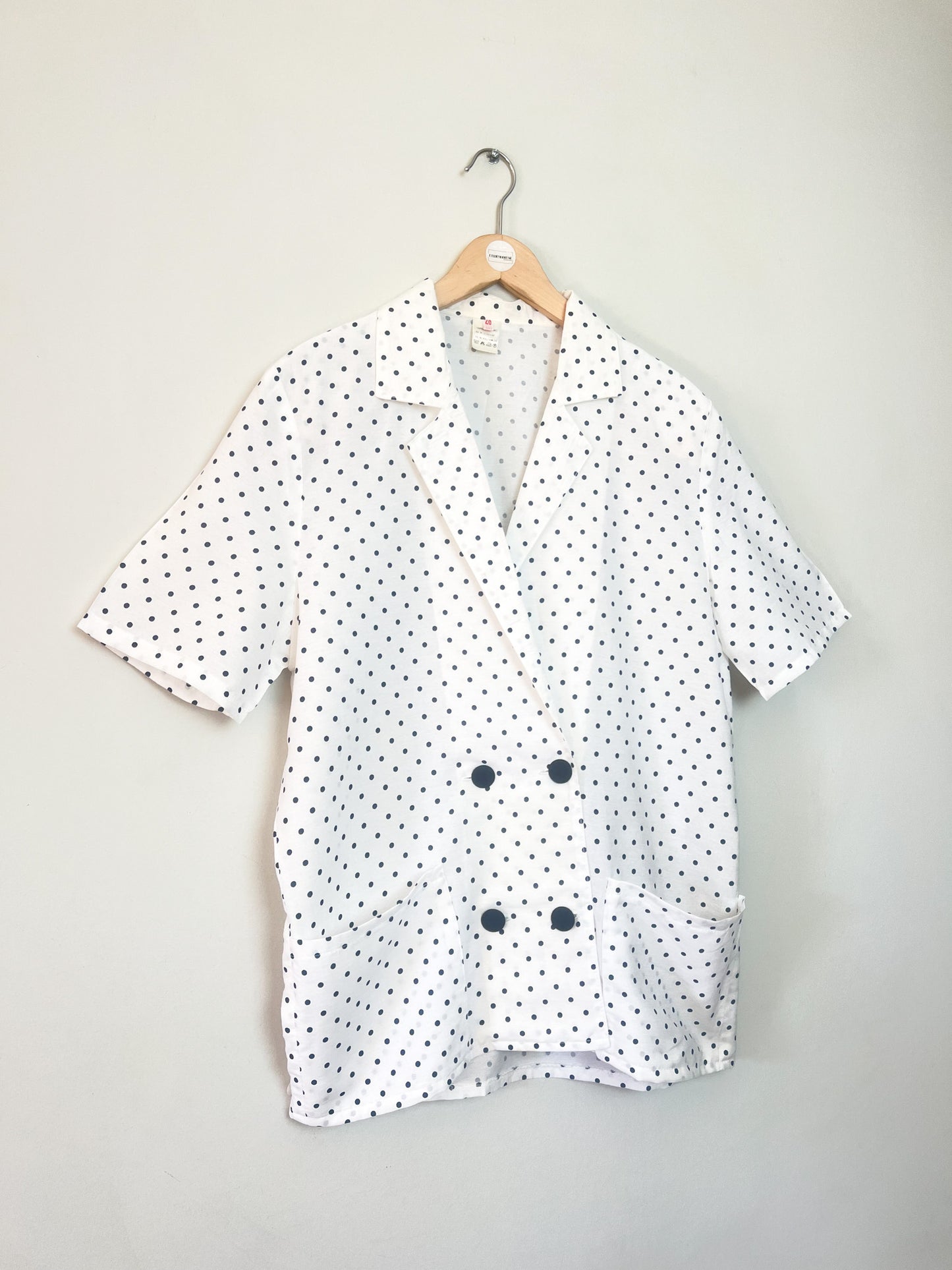 Veste Blazer Vintage Années 90 à Pois - Blanche & Marine - Made in France - T. 38/40