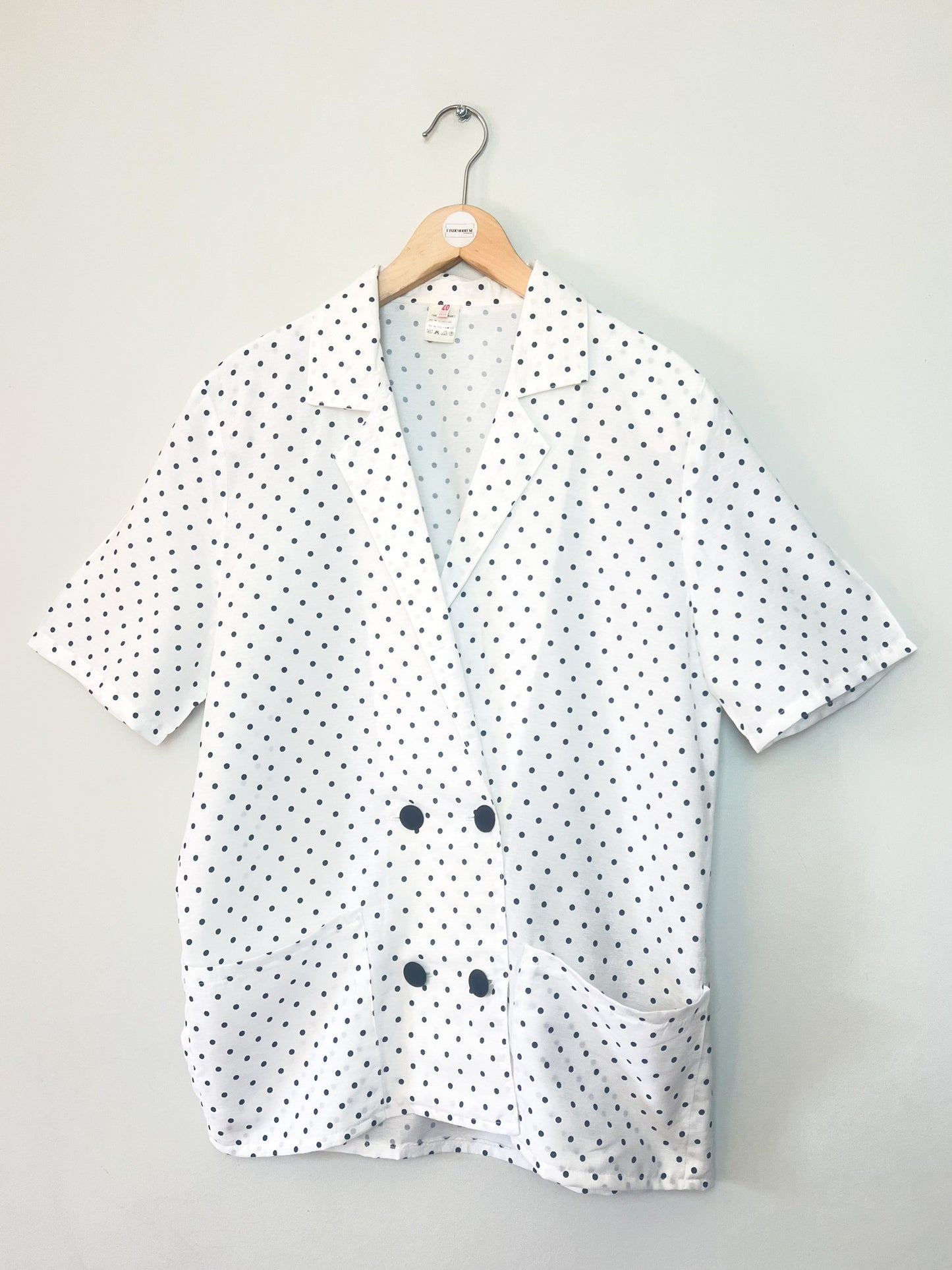 Veste Blazer Vintage Années 90 à Pois - Blanche & Marine - Made in France - T. 38/40