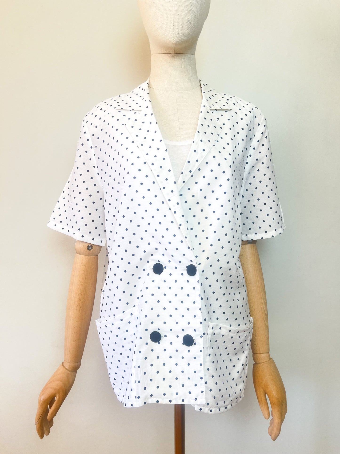 Veste Blazer Vintage Années 90 à Pois - Blanche & Marine - Made in France - T. 38/40