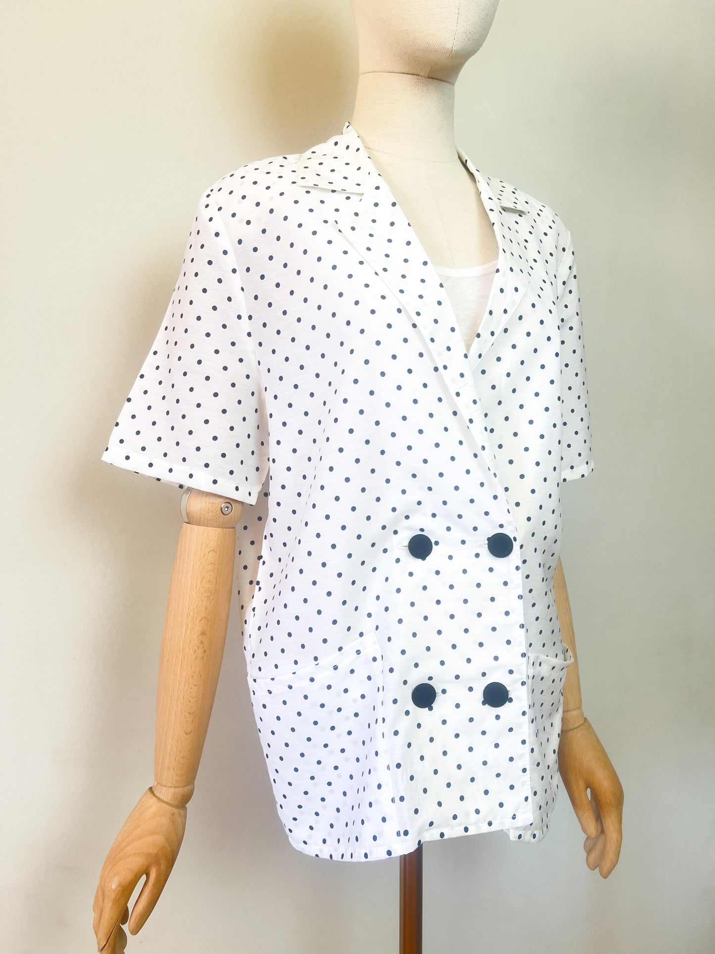 Veste Blazer Vintage Années 90 à Pois - Blanche & Marine - Made in France - T. 38/40