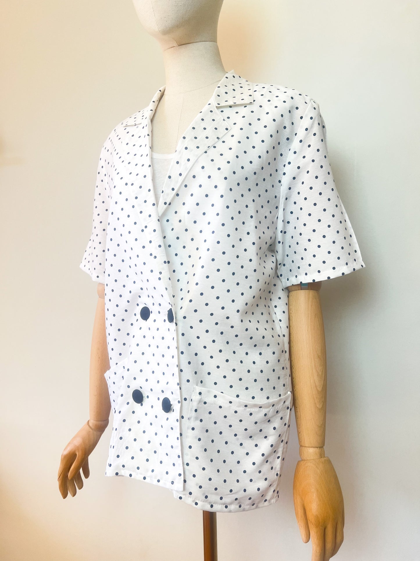 Veste Blazer Vintage Années 90 à Pois - Blanche & Marine - Made in France - T. 38/40