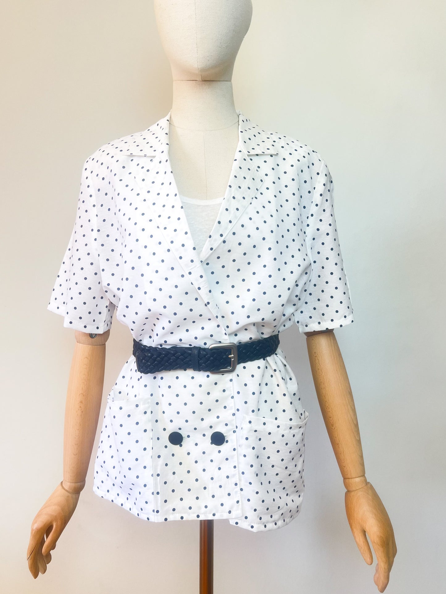 Veste Blazer Vintage Années 90 à Pois - Blanche & Marine - Made in France - T. 38/40