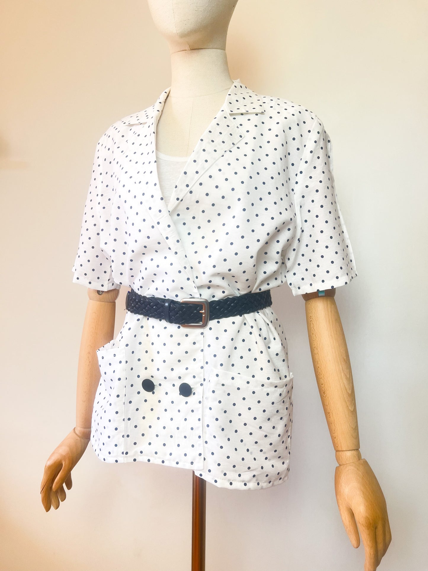 Veste Blazer Vintage Années 90 à Pois - Blanche & Marine - Made in France - T. 38/40