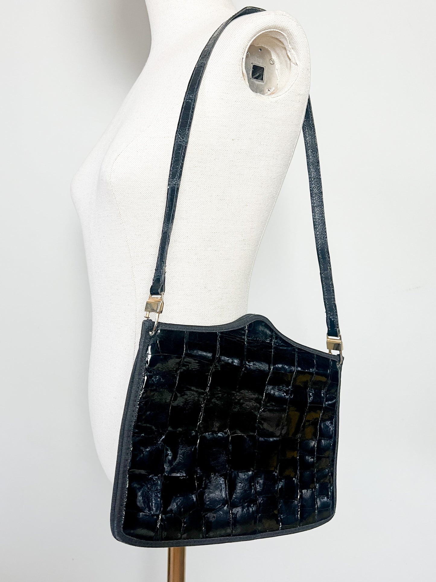 Pochette/Sac Épaule La Bagagerie Vintage - Cuir Verni Noir Gaufré Façon Croco