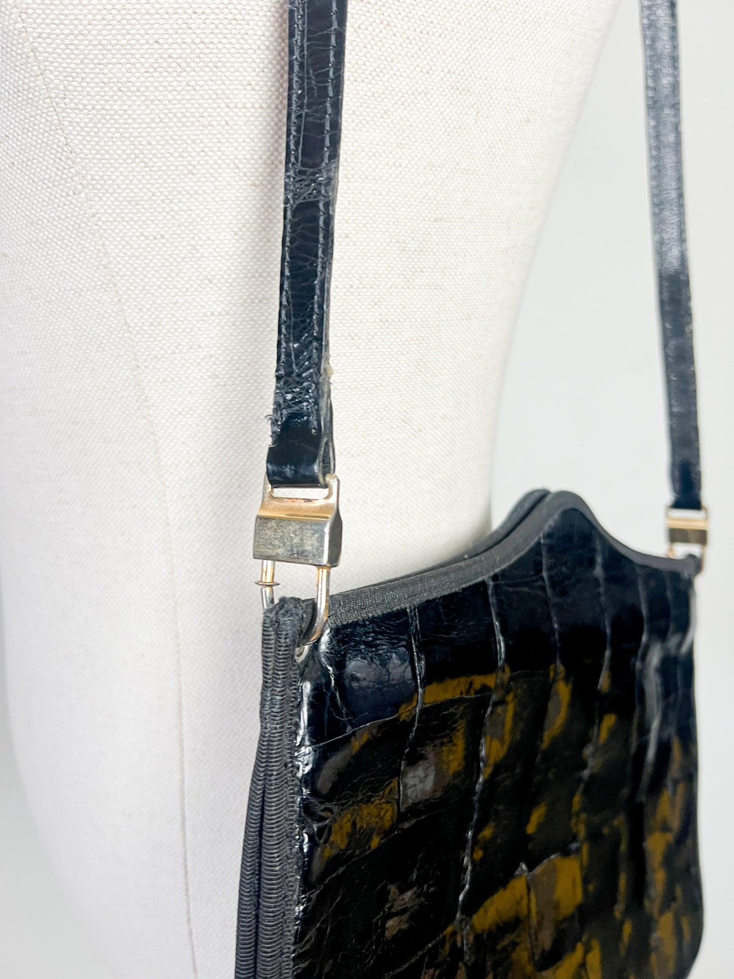 Pochette/Sac Épaule La Bagagerie Vintage - Cuir Verni Noir Gaufré Façon Croco