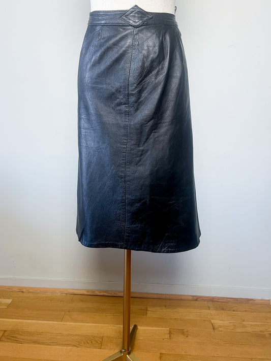 Jupe Crayon Vintage Cuir Noir - Design Géométrique Années 90 - T. 46 (XL)