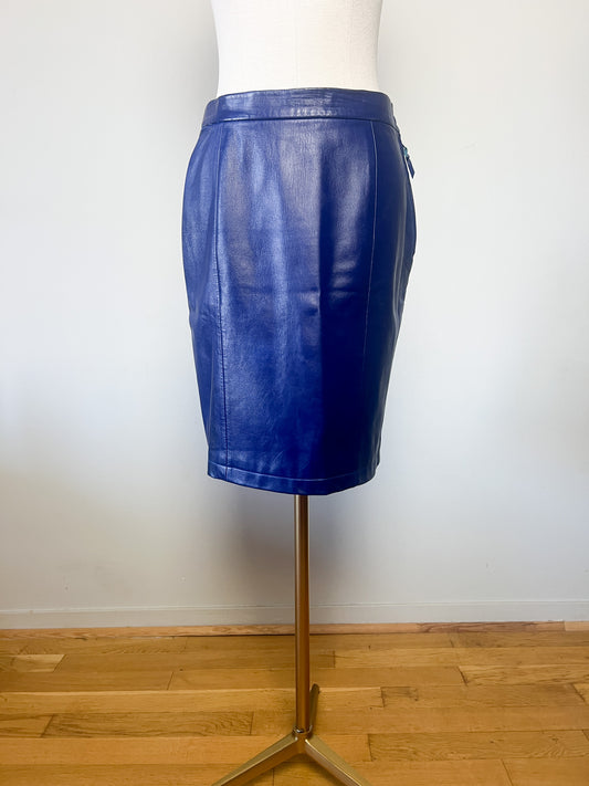 Jupe Droite en Cuir Souple Bleu Encre - Longueur Genou - Style Vintage T. S/M