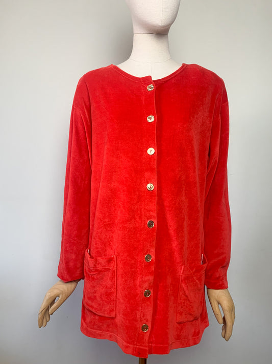 Cardigan/ veste en velours rasé rouge orangé vintage