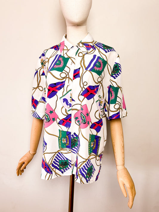 Chemise manches courtes Vintage Années 80 - Imprimé Abstrait Multicolore & Boutons Bijoux - Firenze - T. 40/42