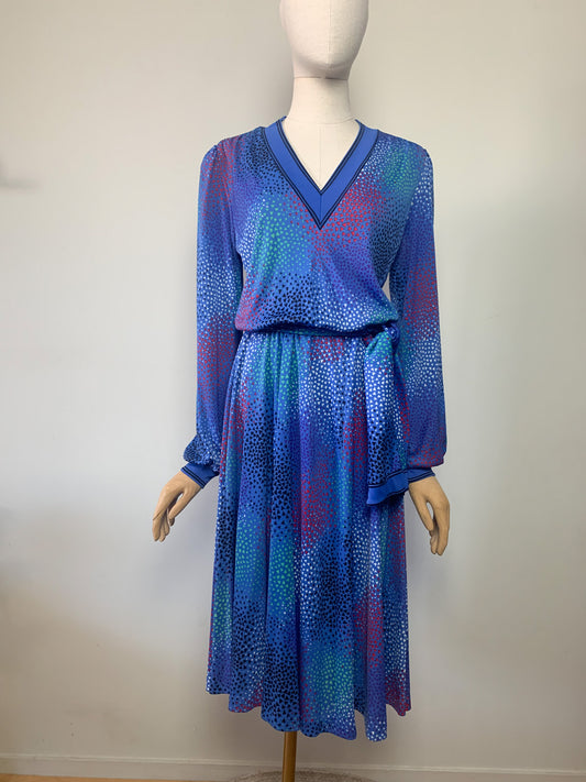 Robe midi col V bleu avec imprimés multicolores vintage années 80