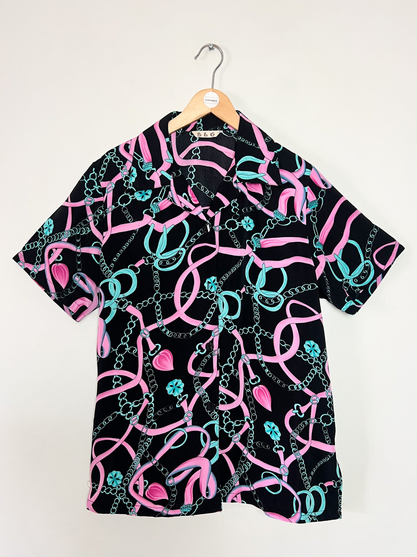 Chemise manches courtes Vintage Années 80 90– Imprimé Chaînes Foulard Rose & Turquoise – Taille 40