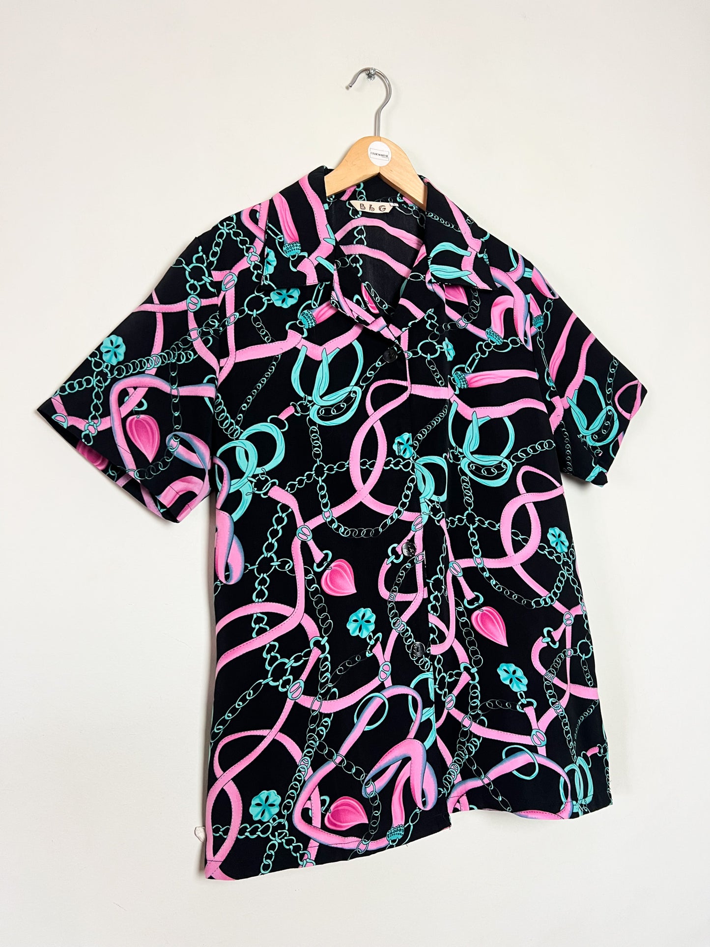 Chemise manches courtes Vintage Années 80 90– Imprimé Chaînes Foulard Rose & Turquoise – Taille 40