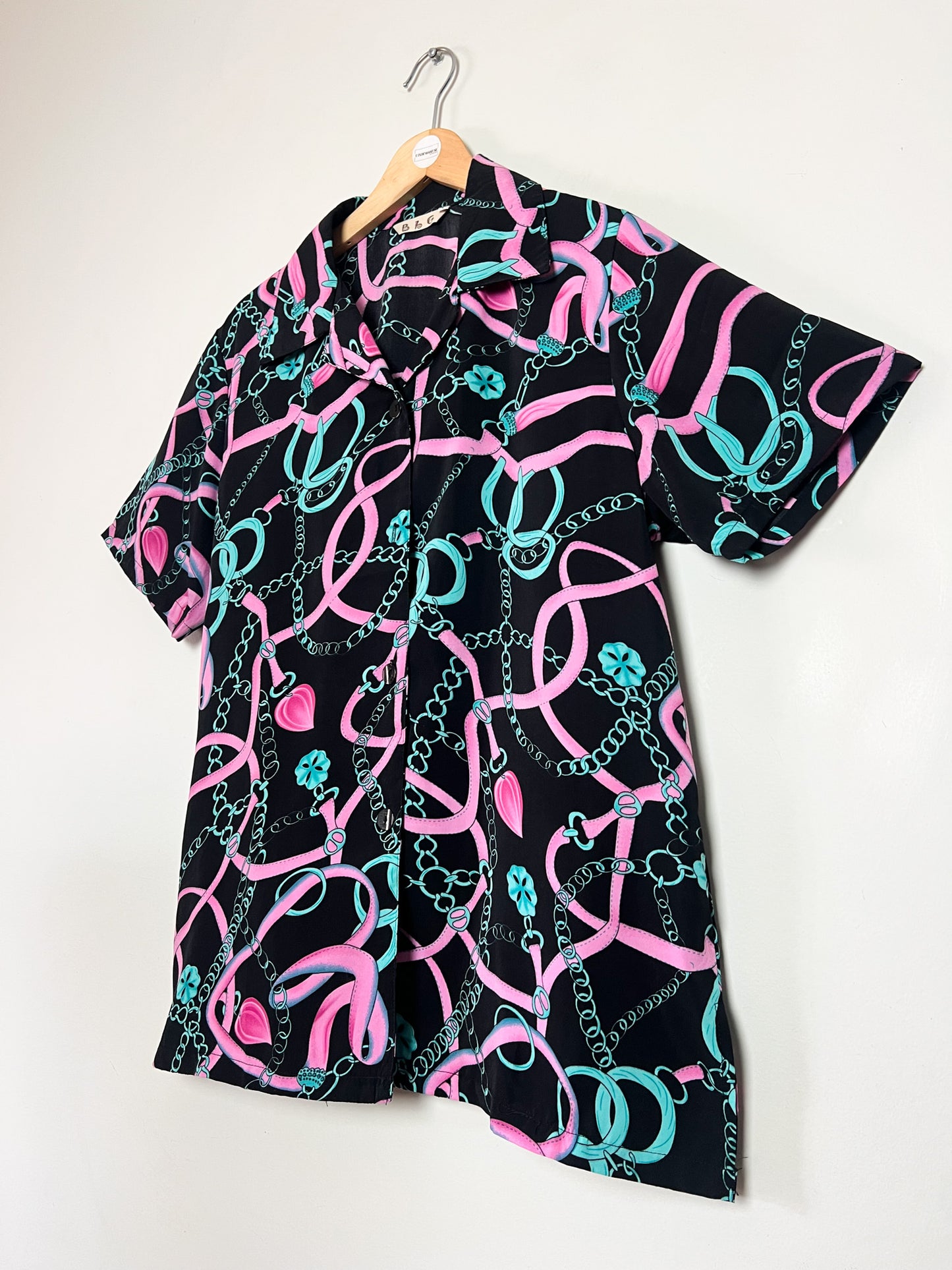 Chemise manches courtes Vintage Années 80 90– Imprimé Chaînes Foulard Rose & Turquoise – Taille 40