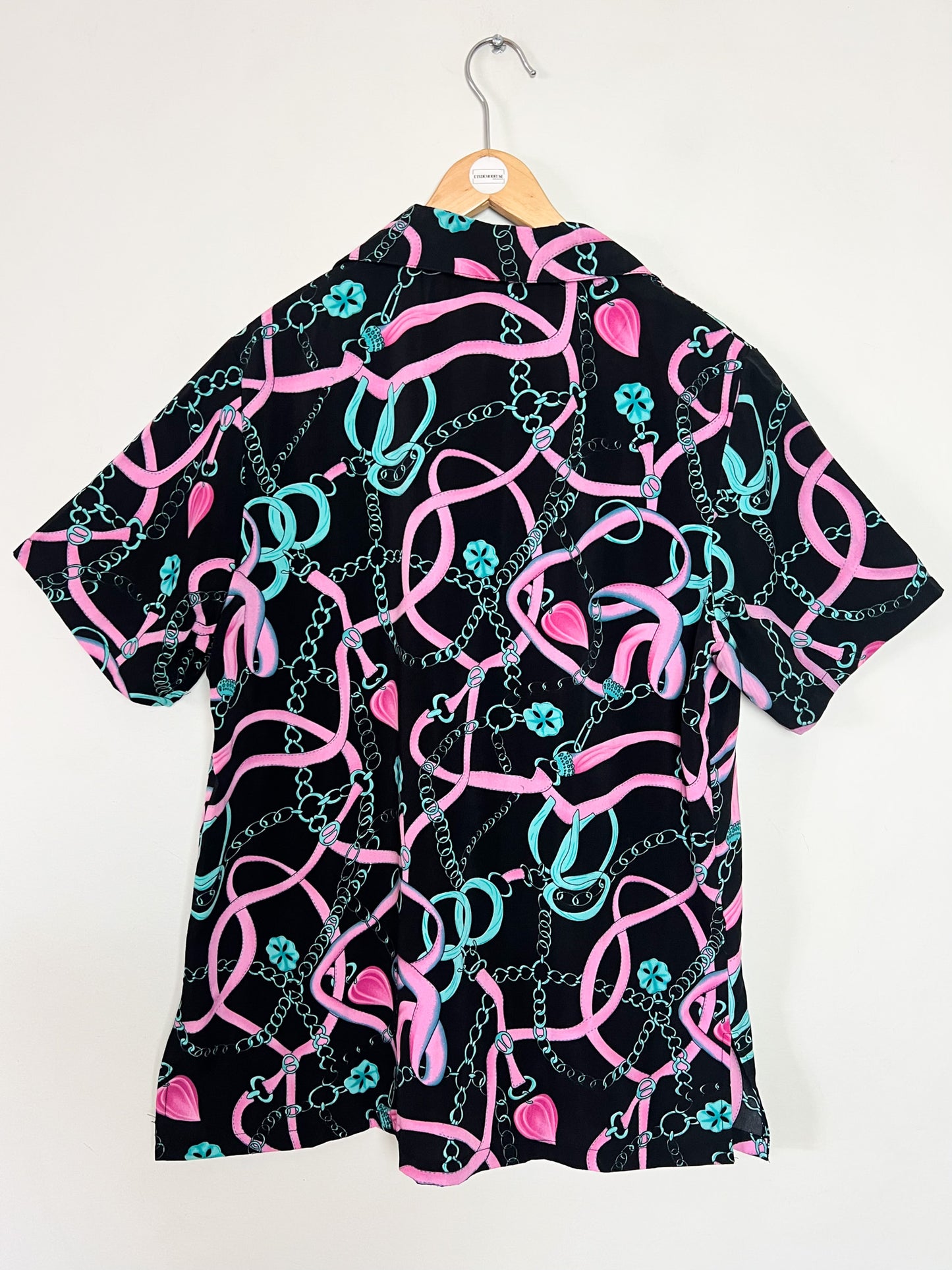 Chemise manches courtes Vintage Années 80 90– Imprimé Chaînes Foulard Rose & Turquoise – Taille 40