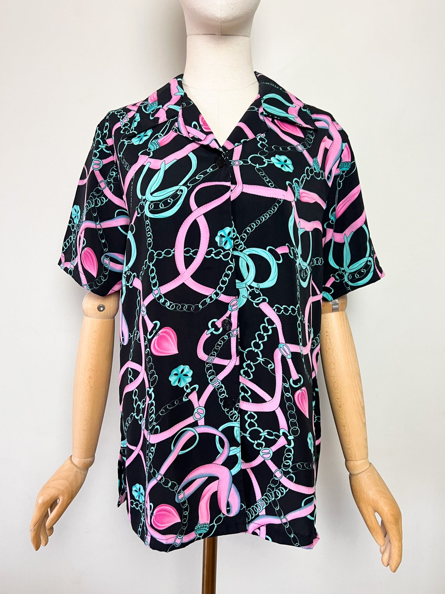 Chemise manches courtes Vintage Années 80 90– Imprimé Chaînes Foulard Rose & Turquoise – Taille 40