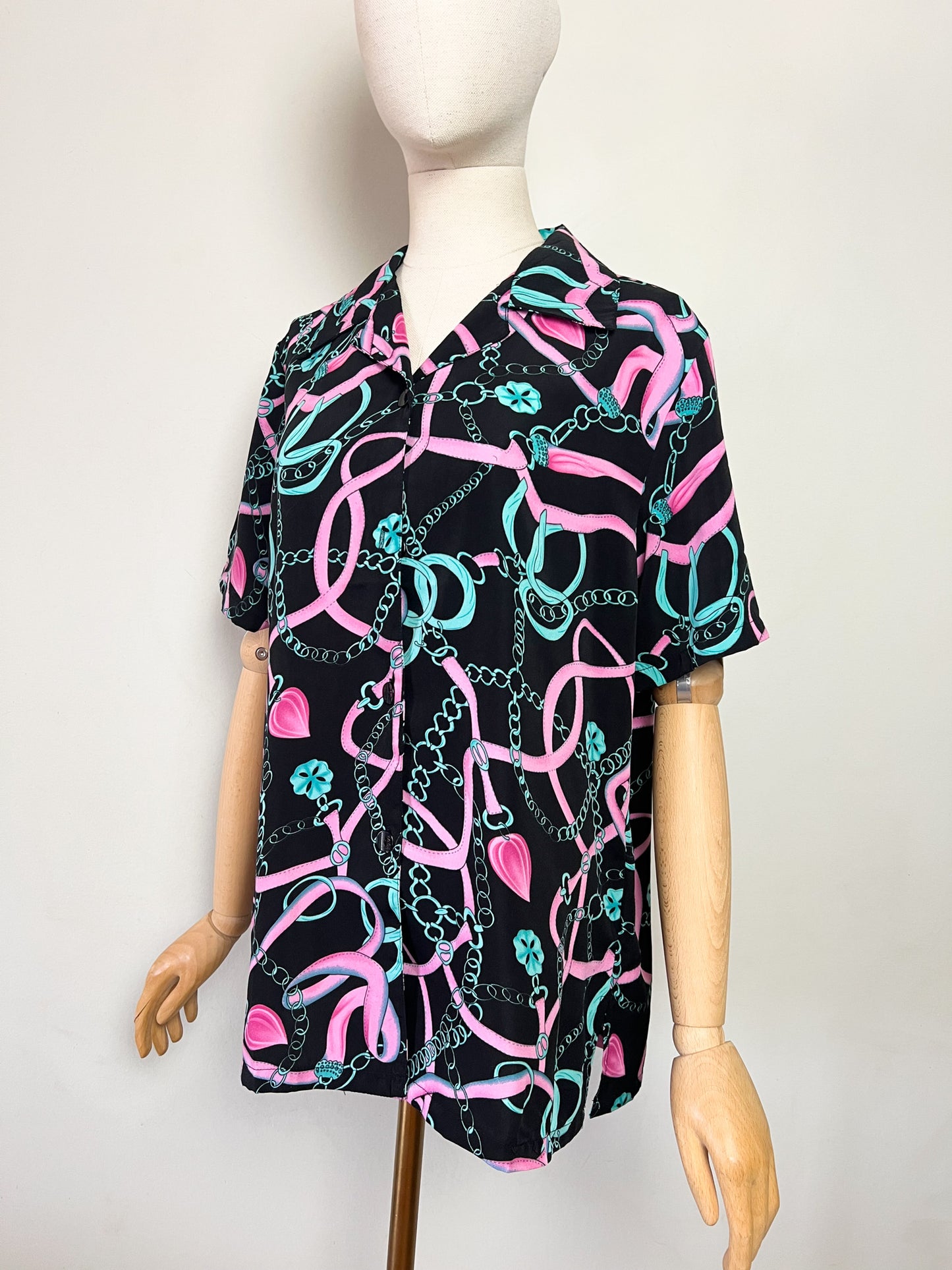 Chemise manches courtes Vintage Années 80 90– Imprimé Chaînes Foulard Rose & Turquoise – Taille 40