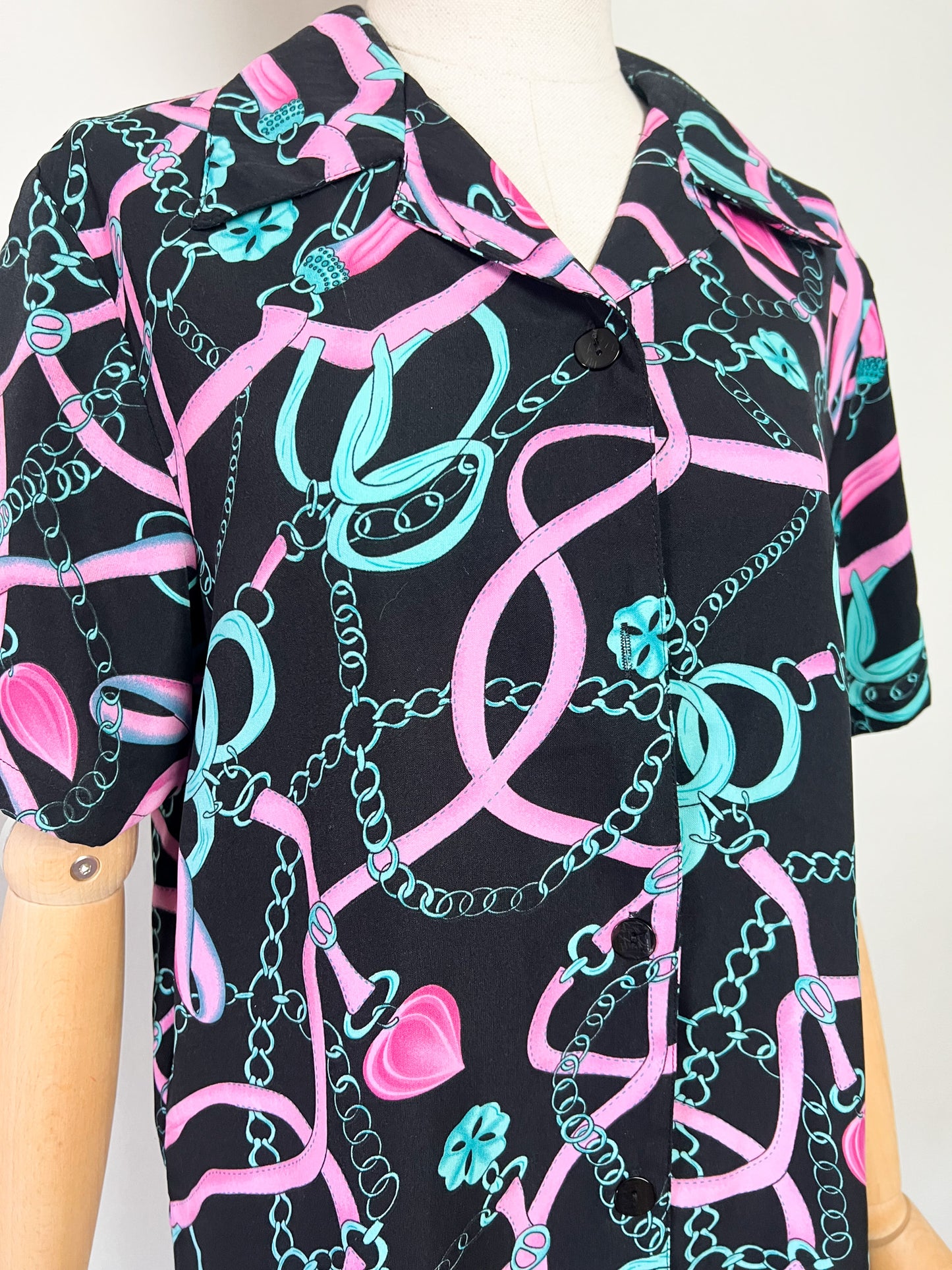 Chemise manches courtes Vintage Années 80 90– Imprimé Chaînes Foulard Rose & Turquoise – Taille 40