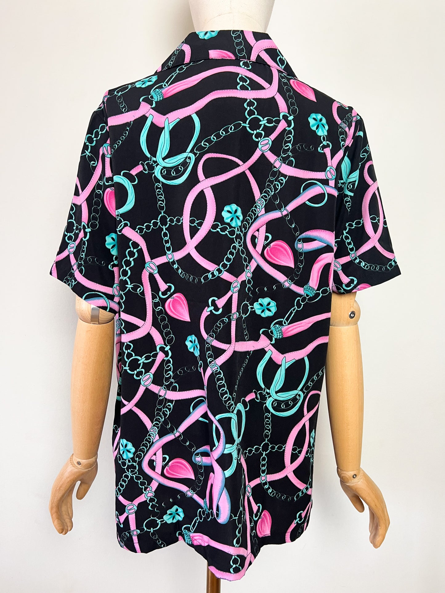 Chemise manches courtes Vintage Années 80 90– Imprimé Chaînes Foulard Rose & Turquoise – Taille 40