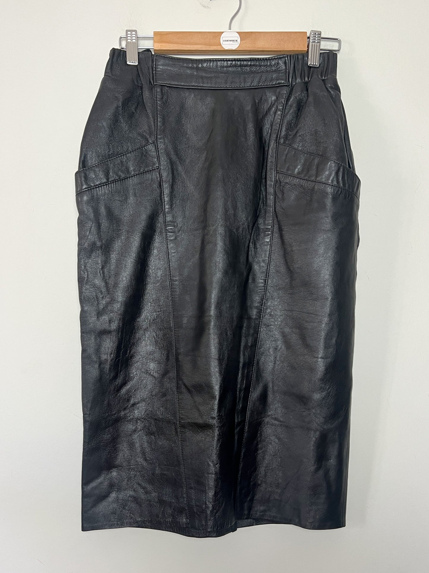 Jupe Crayon Vintage en Cuir Noir - Empiècements Structurants & Poches - T. S/M (36/38)