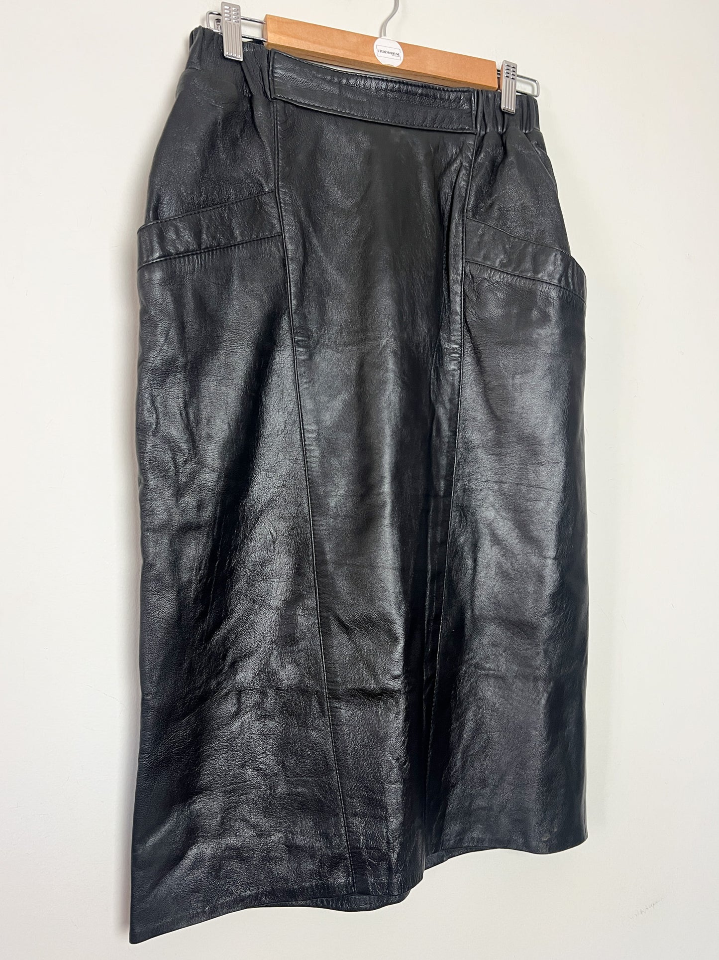Jupe Crayon Vintage en Cuir Noir - Empiècements Structurants & Poches - T. S/M (36/38)