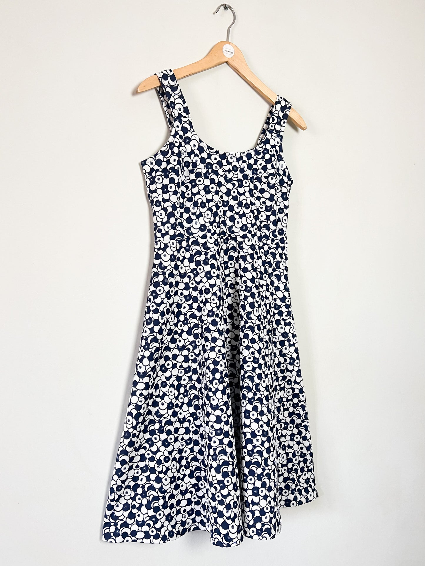 Robe Vintage Années 60/70 - Imprimé Graphique Marine & Crème - Coupe Trapèze - T.36
