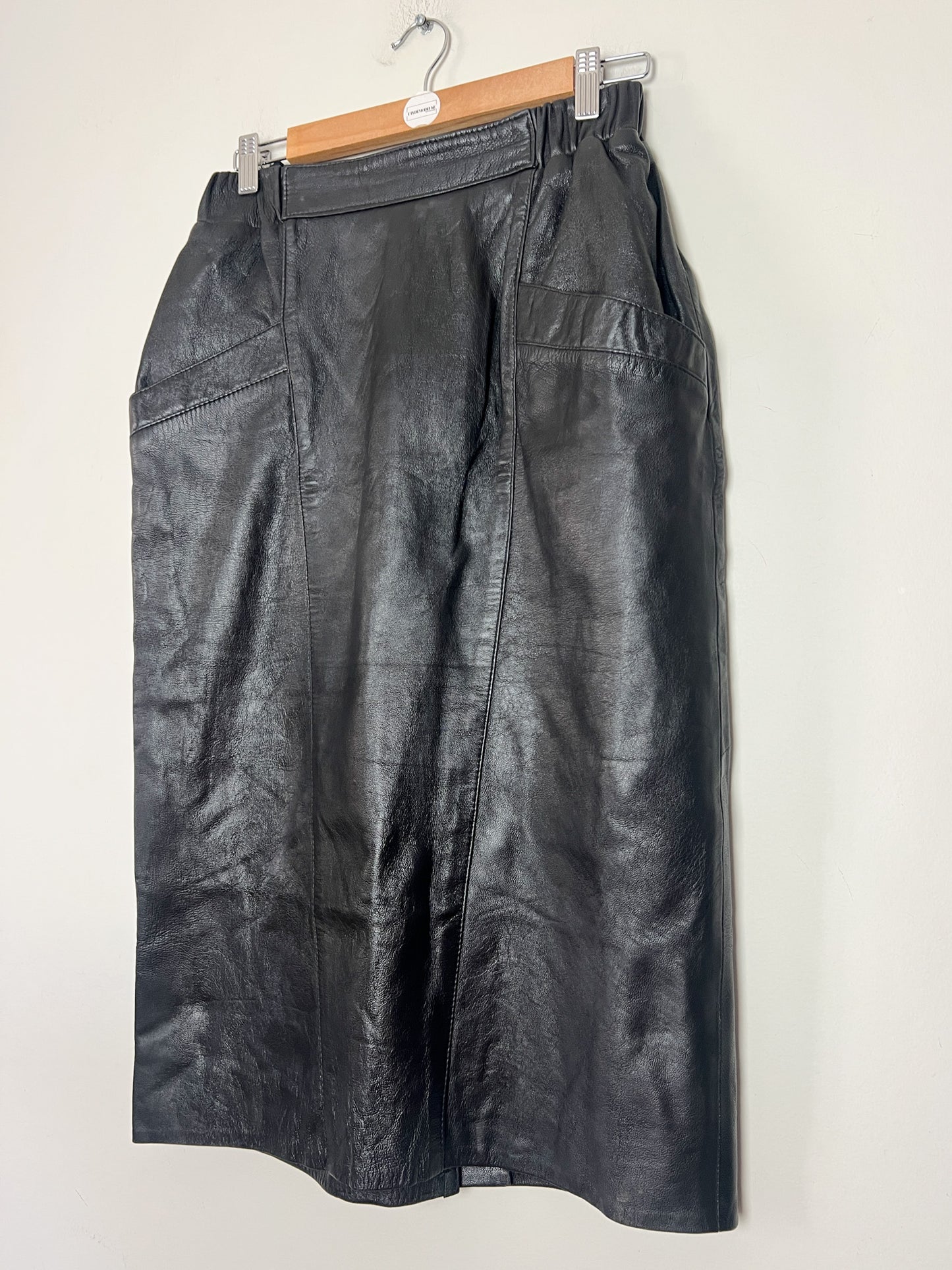 Jupe Crayon Vintage en Cuir Noir - Empiècements Structurants & Poches - T. S/M (36/38)