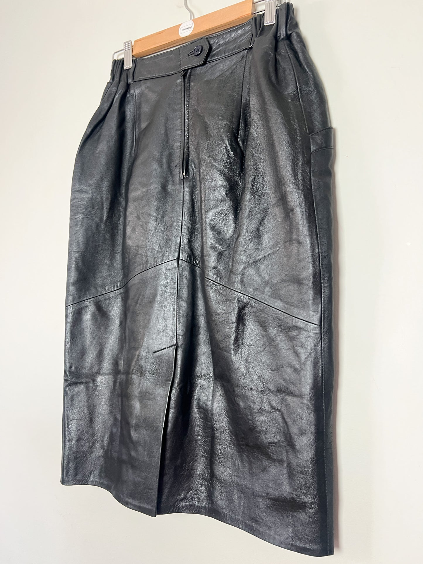 Jupe Crayon Vintage en Cuir Noir - Empiècements Structurants & Poches - T. S/M (36/38)