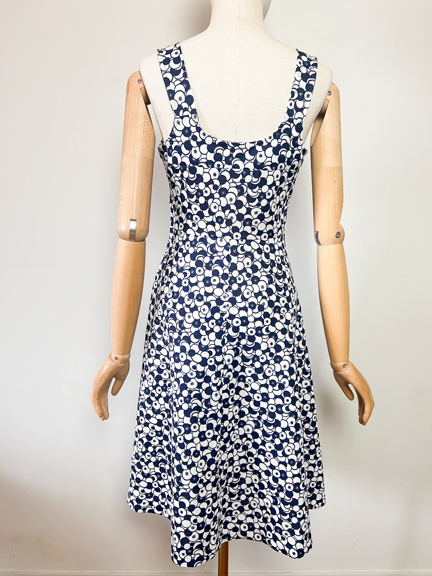 Robe Vintage Années 60/70 - Imprimé Graphique Marine & Crème - Coupe Trapèze - T.36