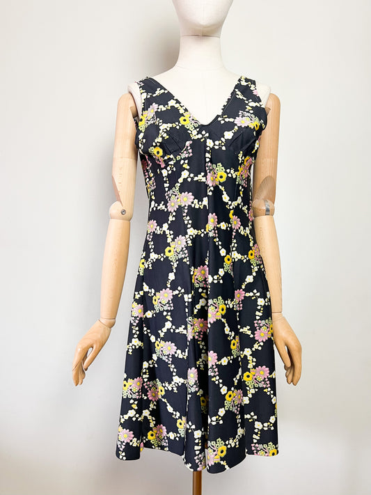 Robe Vintage Années 70 Floral Pop - Noir & Fleurs Multicolores - T. 36/38